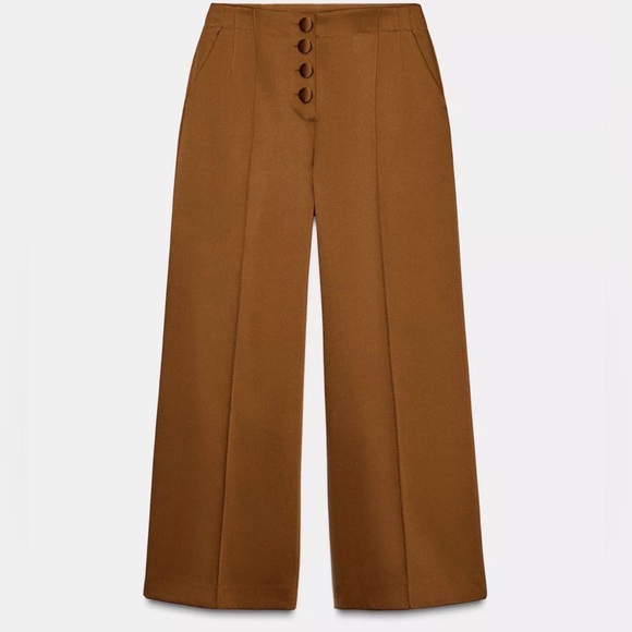 Zara Pants - ZARA Creased Satin Wide-Leg Trousers with Button Front Size XS